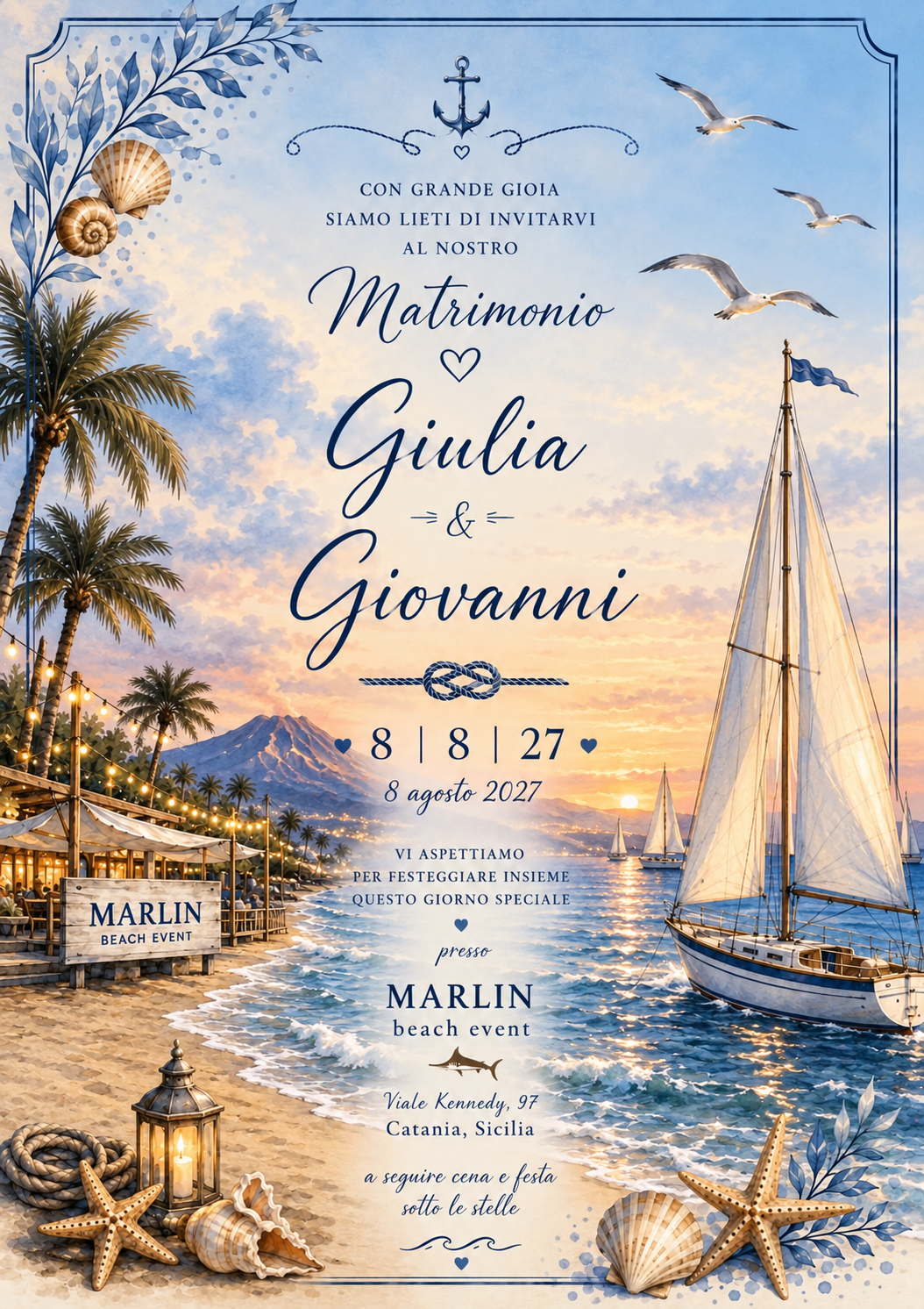Invito al matrimonio di Giulia e Giovanni, domenica 8 agosto 2027, Marlin Beach Event, Viale Kennedy 97, Catania. A seguire cena e festa sotto le stelle.